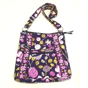 Vera Bradley Crossbody Bag Navy background with purples & golds
